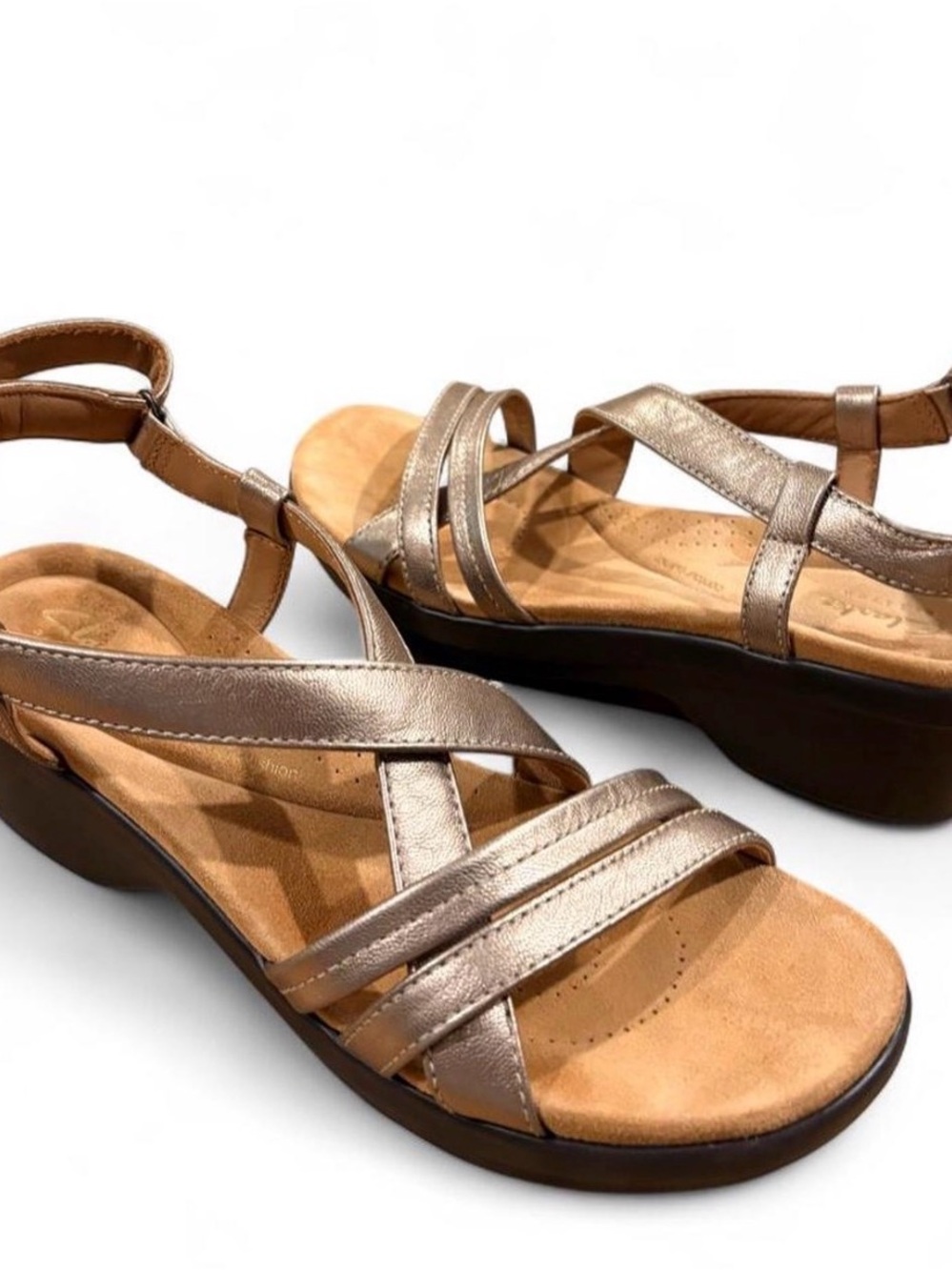 Clarks Artisan Tuleah May Silver Metallic Wedge Sandals Contour Cushion 8.5M